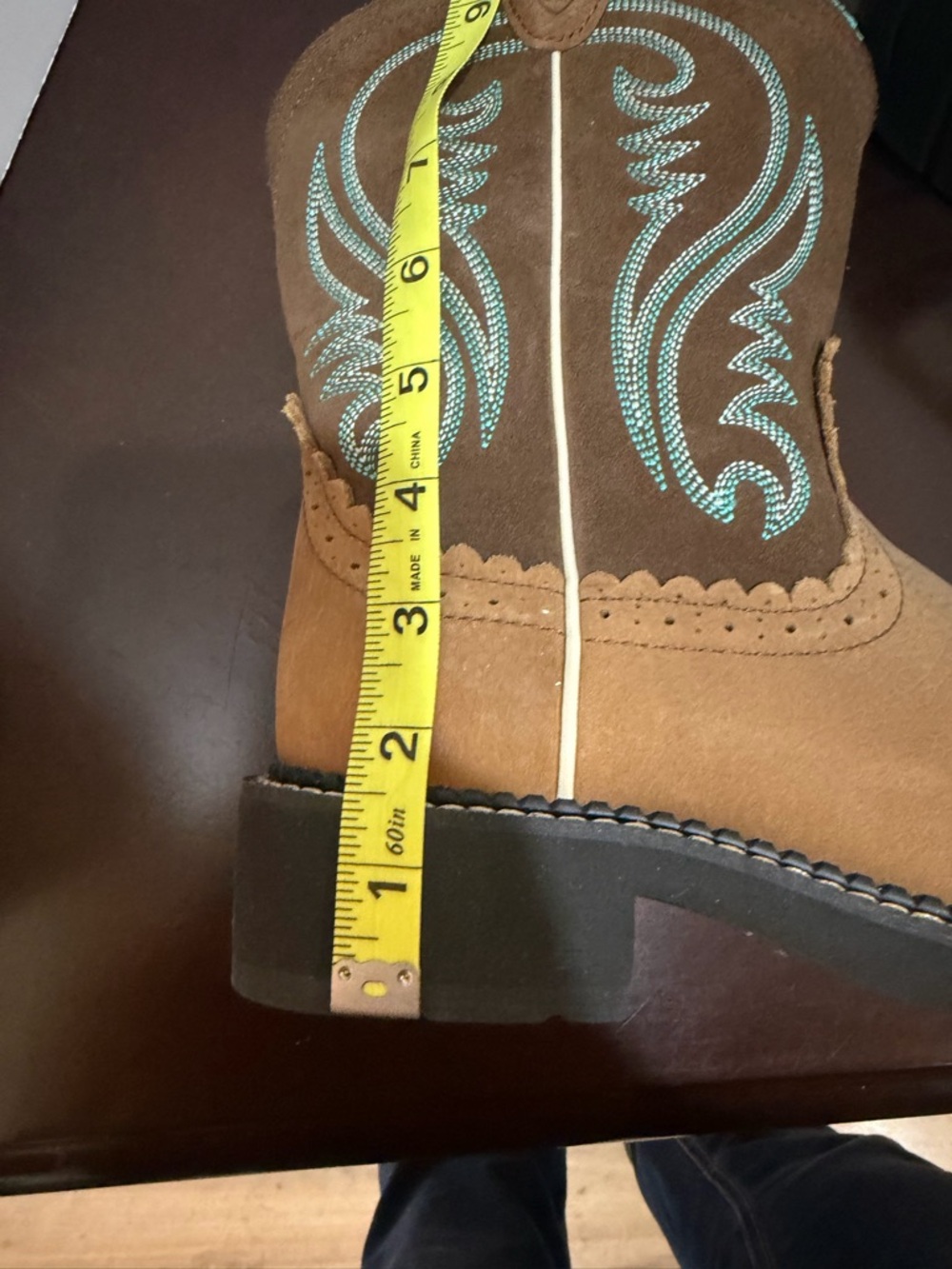 Ariat Tan and Brown Ladies Fat Baby Western Boots with Teal Stitching - Picture 7 of 7